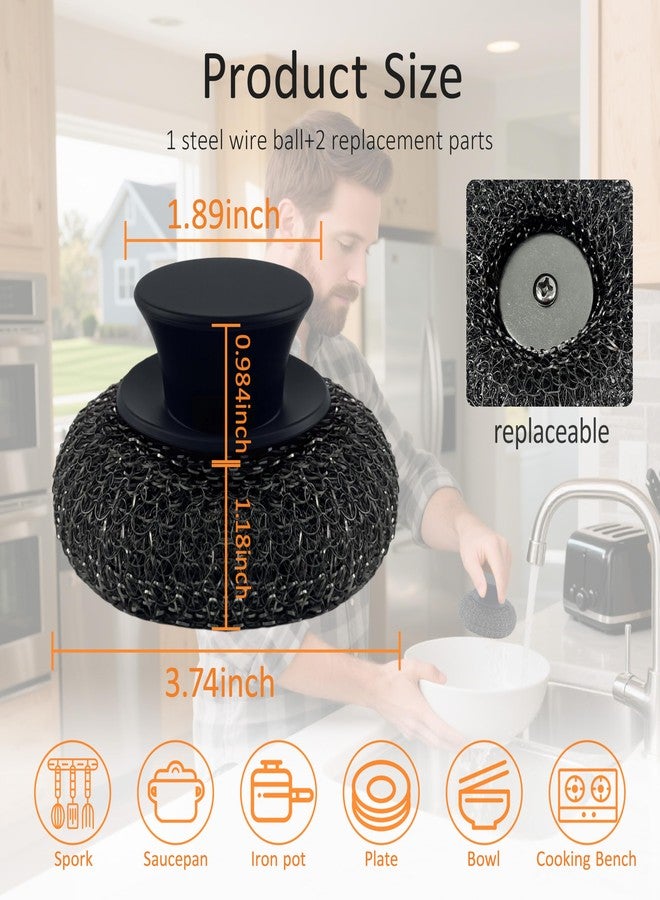 Frayot Stainless Steel Wool Scrubber with Rubber Handle & 2 Pads for Cleaning Dishes, Kitchen Pots, Pans, Grills (Black) - Image 2